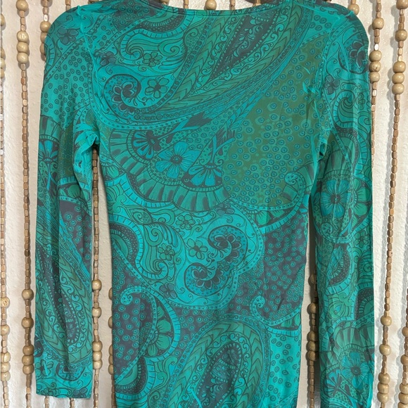 AMB Be Happy Second Skin Teal Floral Long Sleeve Semi Sheer Boho Y2K Dance OS - Picture 5 of 5